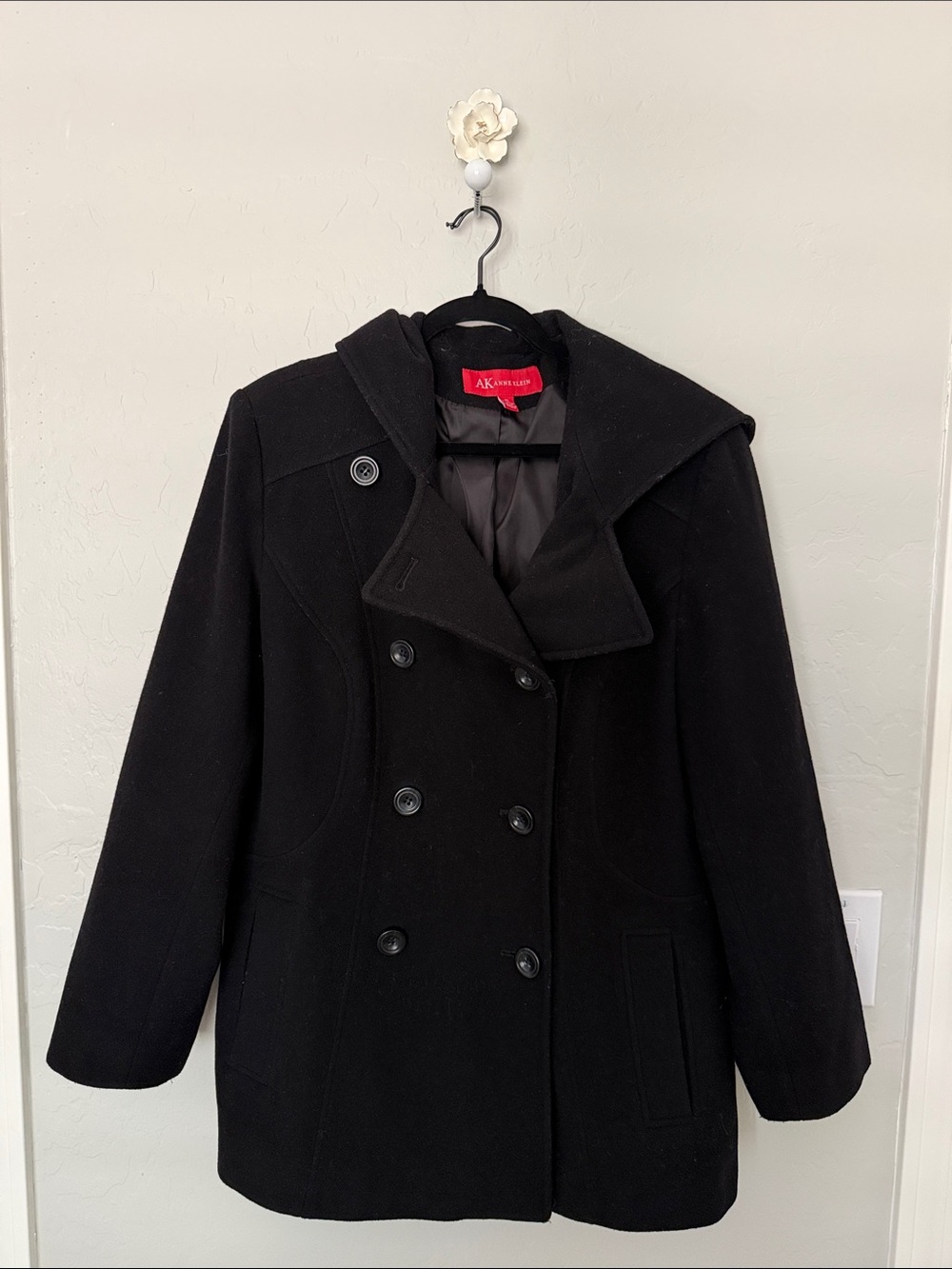 Anne Klein Black Hooded Double-Breasted Peacoat